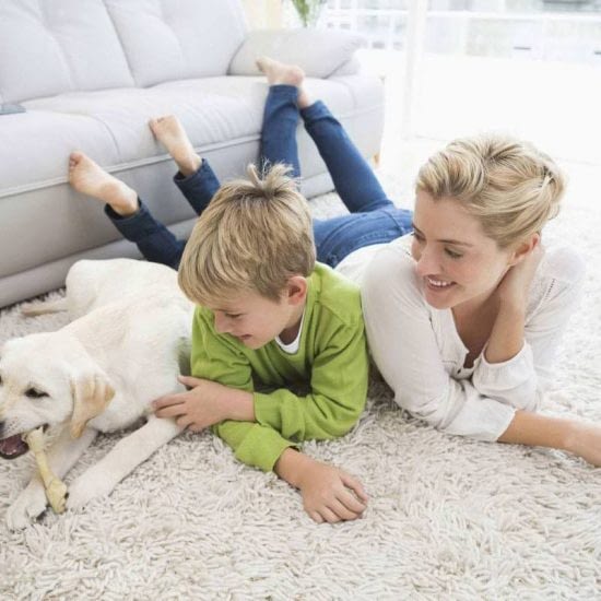 carpet-cleaning-services-for-home happy mother and son lying with dog on clean carpet